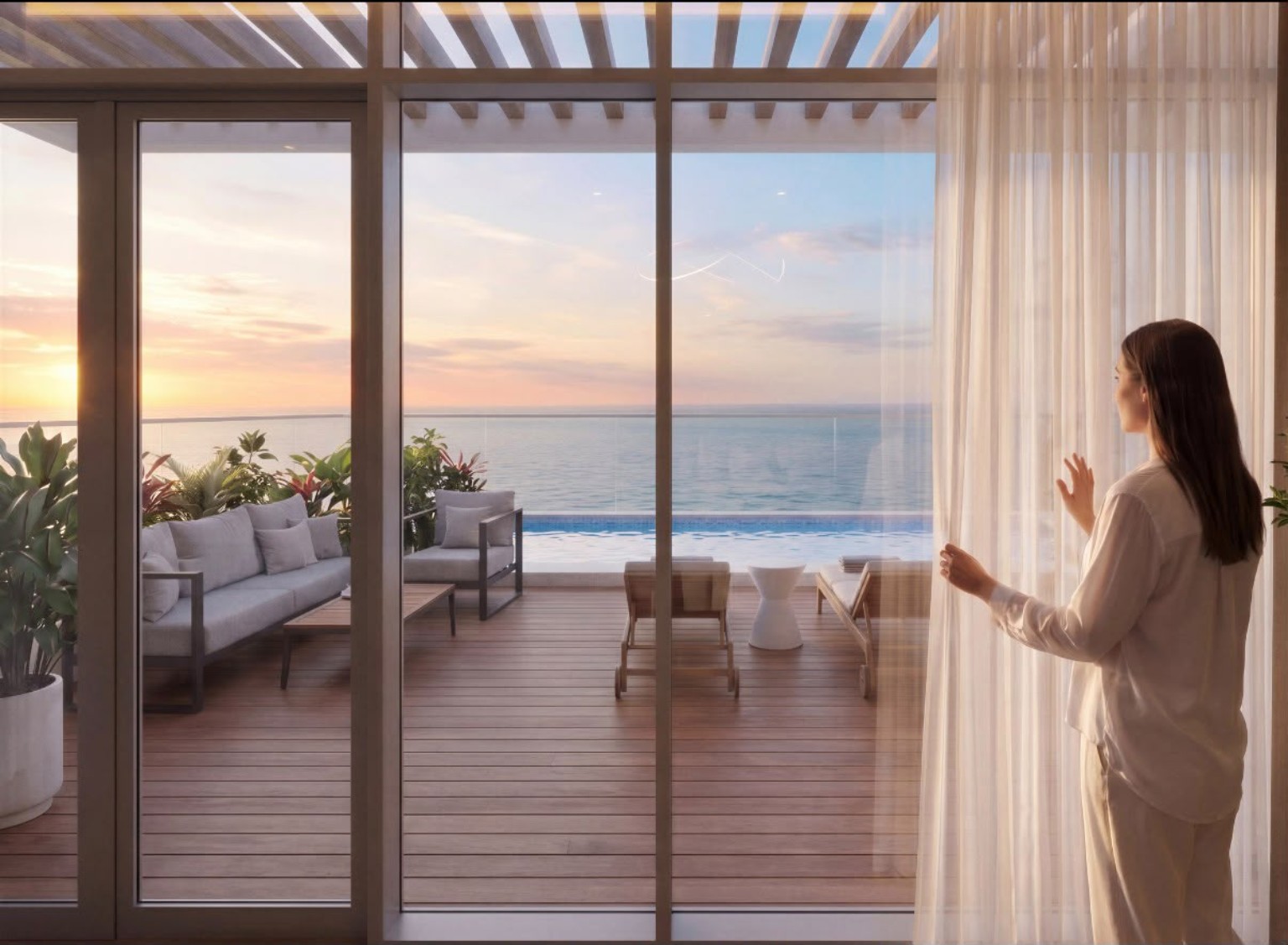 Private terrace opening onto a calm waterfront setting